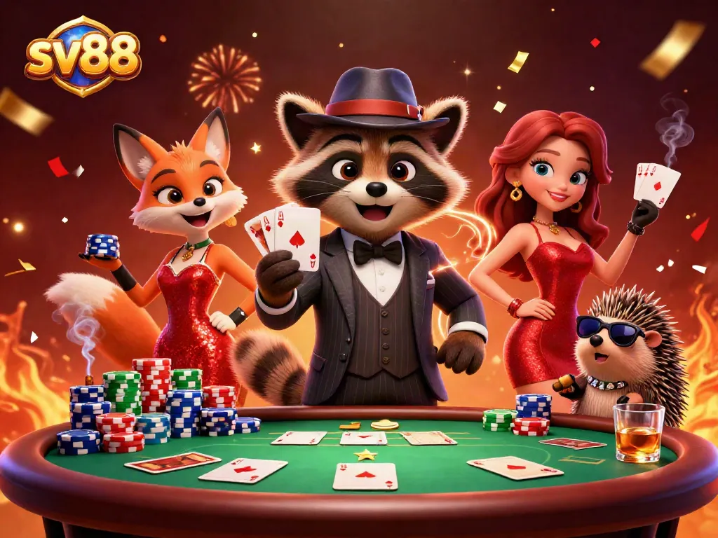 Experience the excitement of sv88 with raccoon, fox, and hedgehog characters at a lively poker scene.