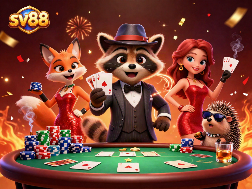 Experience the excitement of sv88 with raccoon, fox, and hedgehog characters at a lively poker scene.