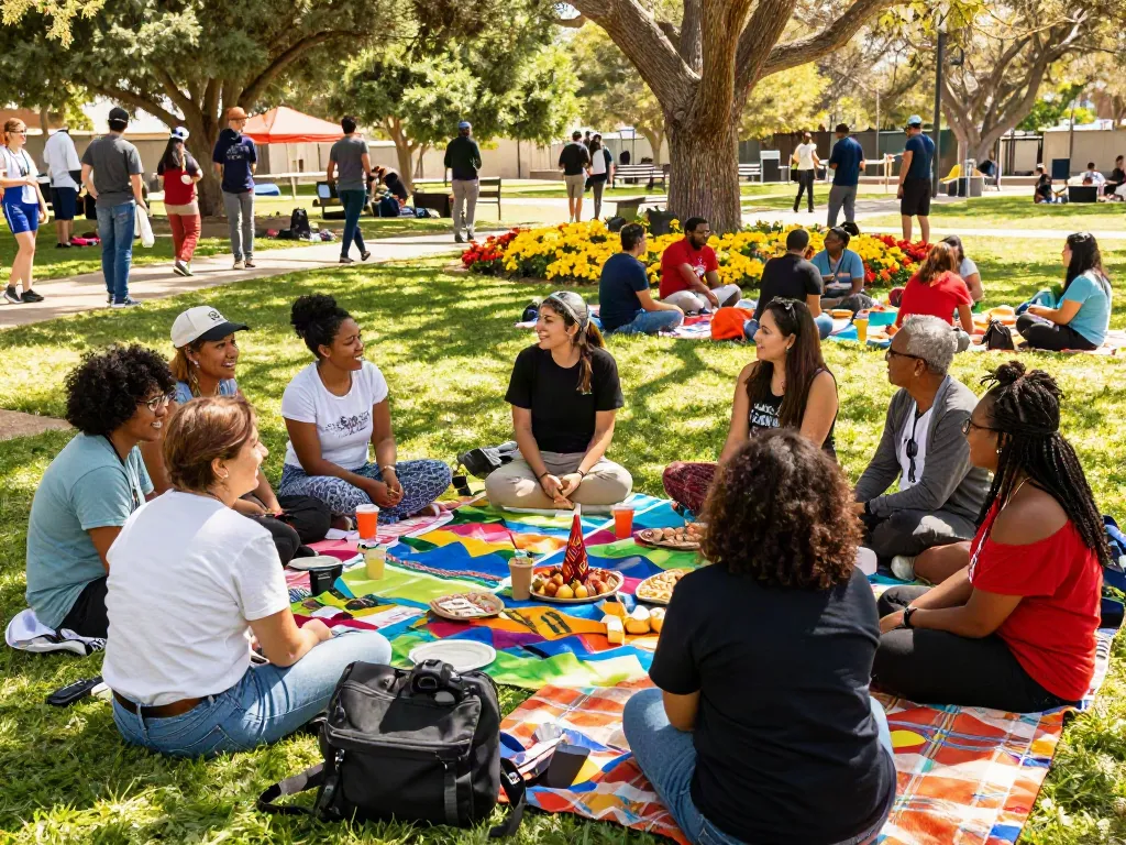 Celebrating diversity at a community gathering with rokok88, showcasing people sharing ideas and cultural foods.