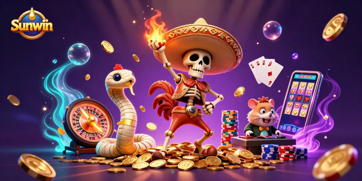 Sunwin celebrates a victorious gaming moment with characters dancing on golden coins amidst a lively casino scene.